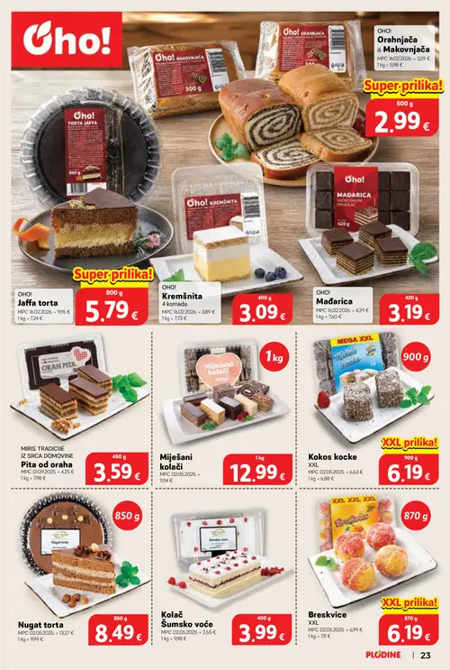 Plodine katalog — stranica 23: Oho! Jaffa torta, Nugat torta, Oho! Mađarica, Oho! Kremšnita (vrijedi 29. 07. 2026.–04. 08. 2026.)