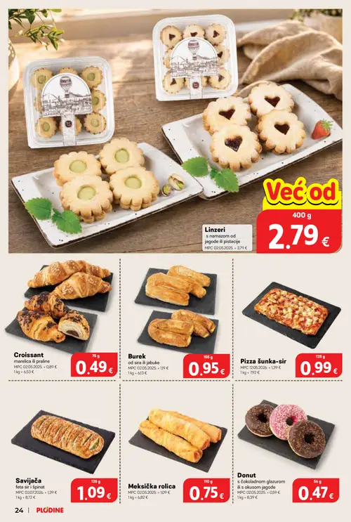 Plodine katalog — stranica 24: Croissant marelica ili praline, Meksička rollica, Pizza šunka-sir, Savijača feta sir i špinat (vrijedi 29. 07. 2026.–04. 08. 2026.)