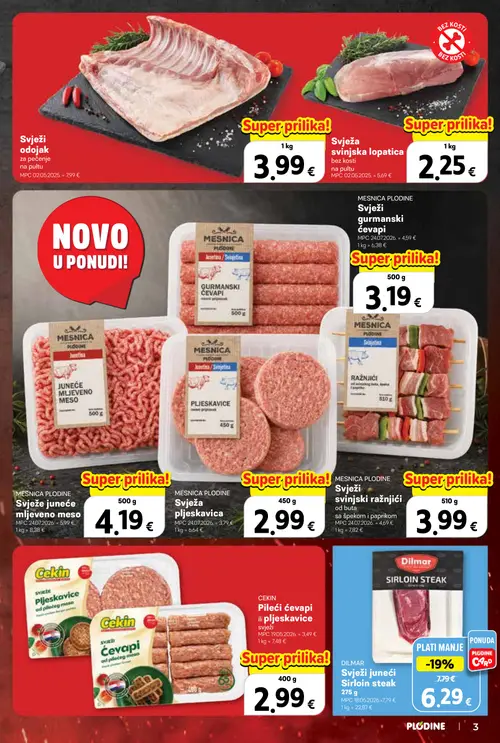 Plodine katalog — stranica 3: Svinjska lopatica, Svinjski odojak, MESNICA Gurmanski ćevapi, MESNICA Juneće mljeveno meso (vrijedi 29. 07. 2026.–04. 08. 2026.)