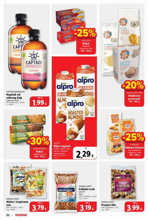 Plodine katalog — stranica 32: MARJAN VOĆE Protein Mix, MARJAN VOĆE Indijski orah pečeni slani, ALPRO Alpro Biljni napitak, CAPTAIN KOMBUCHA Captain Kombucha Napitak od zelenog čaja (vrijedi 29. 07. 2026.–04. 08. 2026.)