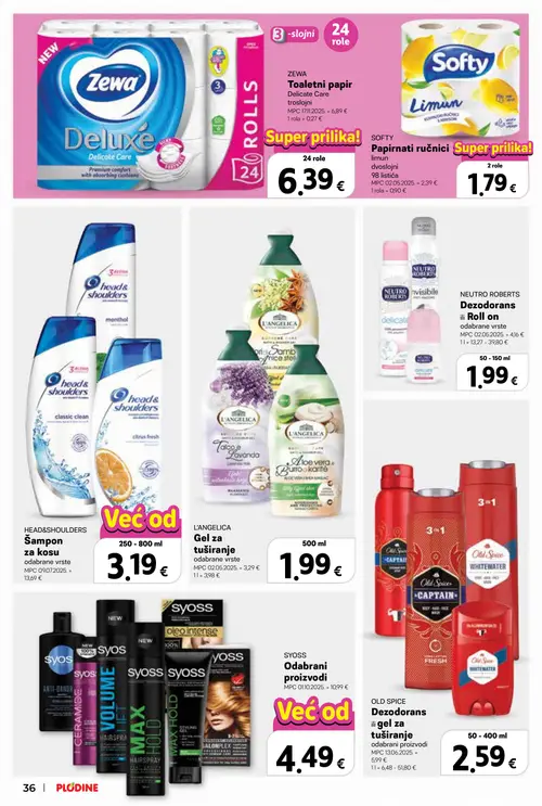Plodine katalog — stranica 36: HEAD&SHOULDERS Šampon za kosu, SYOSS Odabrani proizvodi, OLD SPICE Dezodorans ili gel za tuširanje, NEUTRO ROBERTS Dezodorans ili Roll on (vrijedi 29. 07. 2026.–04. 08. 2026.)