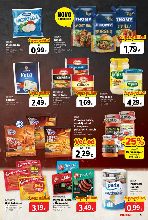 Plodine katalog — stranica 5: PERLA Papirnati ručnik, PIK VRBOVEC Domaća, Ljuta ili Češnjovka, GAVRILOVIĆ Grill kobasice, MAMA'S Domaći ajvar (vrijedi 29. 07. 2026.–04. 08. 2026.)