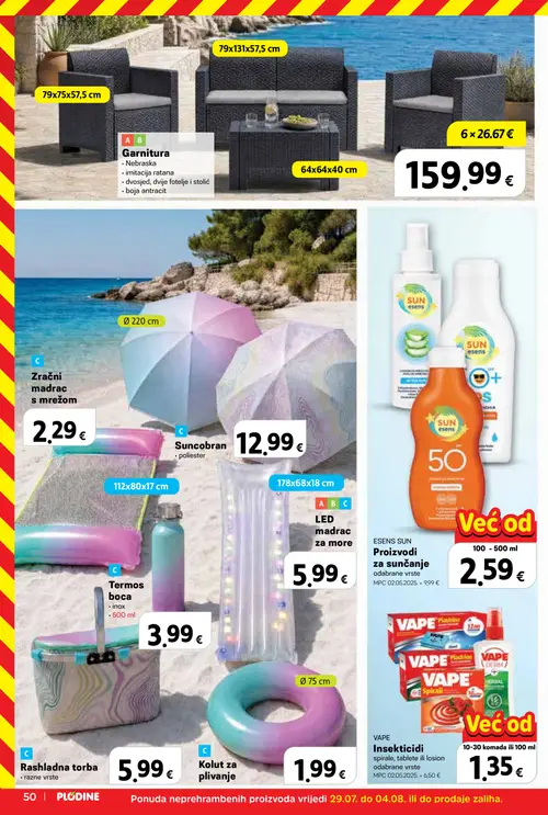 Plodine katalog — stranica 50: VAPE Insekticidi, ESENS SUN Proizvodi za sunčanje odabrane vrste (vrijedi 29. 07. 2026.–04. 08. 2026.)