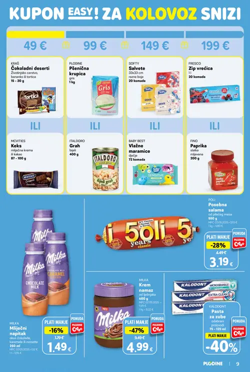 Plodine katalog — stranica 9: MILKA Krem namaz, POLI Posebna salama, MILKA Mliječni napitak, KALODONT Pasta za zube (vrijedi 29. 07. 2026.–04. 08. 2026.)