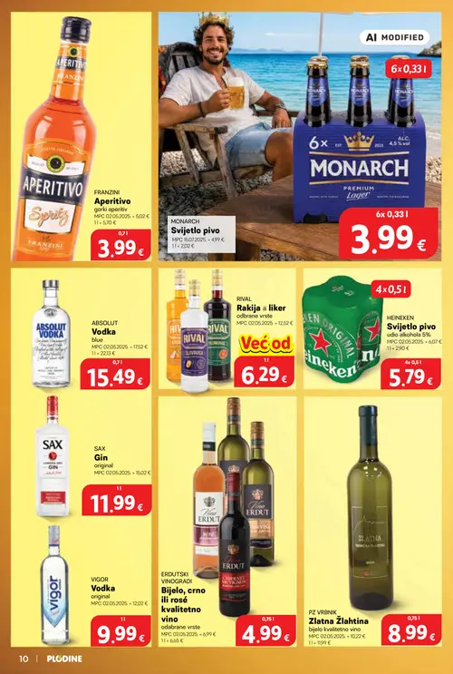 Plodine katalog — stranica 10: RIVAL Rakija ili liker, ERDUT Bijelo, crno ili rosé kvalitetno vino, FRANZINI Aperitivo Spritz, SAX Gin original (vrijedi 06. 08. 2026.–11. 08. 2026.)