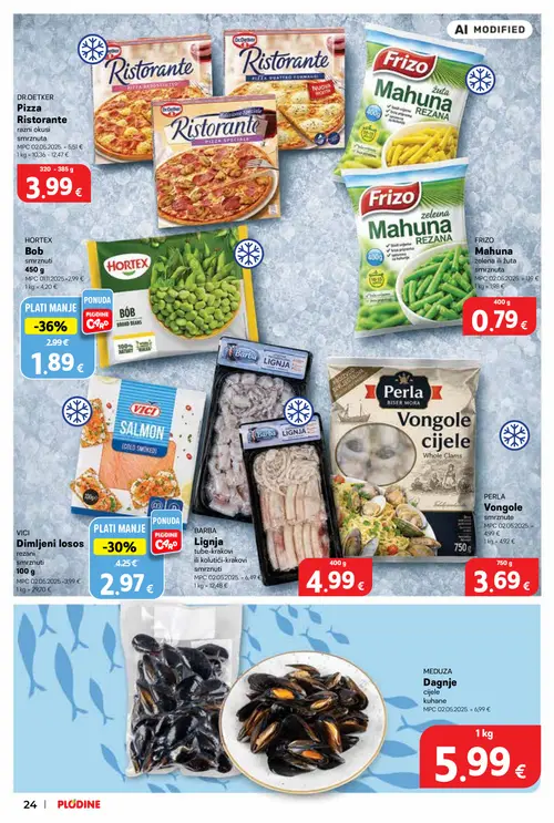 Plodine katalog — stranica 24: HORTEX Bob, VICI Dimljeni losos, PERLA Vongole, BARBA Lignja (vrijedi 06. 08. 2026.–11. 08. 2026.)
