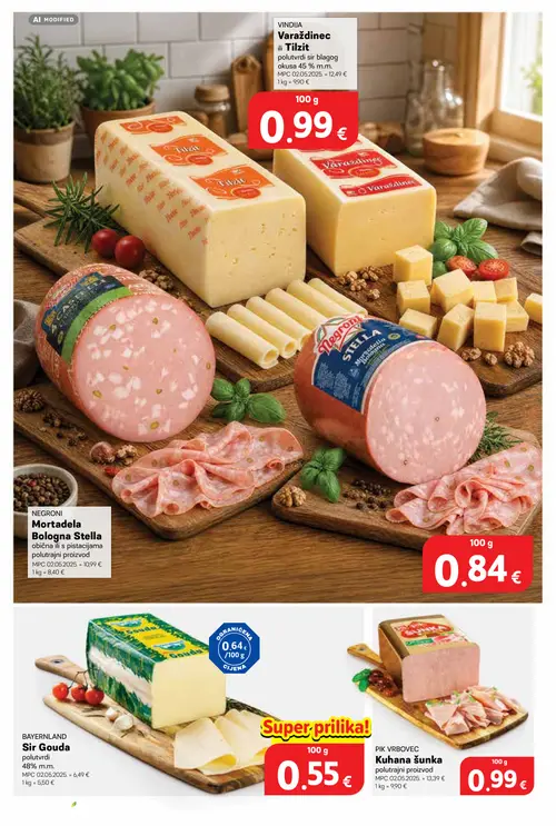Plodine katalog — stranica 28: PIK VRBOVEC Kuhana šunka polutrajni proizvod, NEGRONI Mortadela Bologna Stella obična ili s pistacijama polutrajni proizvod, BAYERNLAND Sir Gouda polutvrdi 48% m.m. (vrijedi 12. 08. 2026.–18. 08. 2026.)