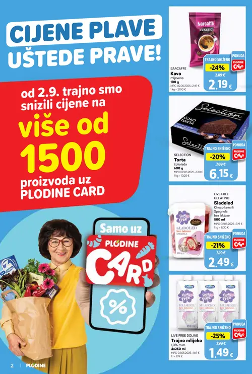 Plodine katalog — stranica 2: LIVE FREE DOLINE Trajno mlijeko 1,0% m.m., BARCAFFE Kava mljevena, LIVE FREE GELATINO Sladoled Choco keks ili Spagnola bez laktoze, SELECTION Torta čokolada (vrijedi 02.09.–08.09.2026.)