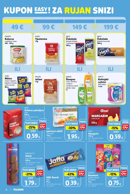 Plodine katalog — stranica 4: Jaffa Milk Snack Jaffa, VICI panirani račići smrznuto, OHO! Zobene pahuljice sitne, BISCOLETTI Keksi duo, čokolada ili vanilija (vrijedi 02.09.–08.09.2026.)