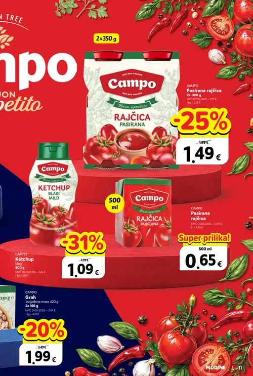Plodine katalog — stranica 11: Campo Ketchup blagi 500 g, Campo Pasirana rajčica 2x 350 g, Campo Grah 3x 150 g (vrijedi 30.09.–06.10.2026.)