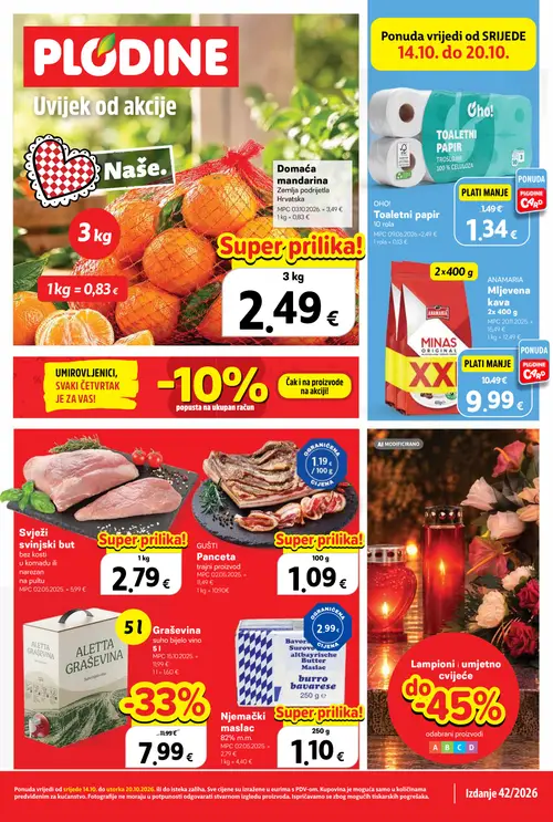 Plodine katalog — stranica 1: Njemački maslac, Aletta Suho bijelo vino Graševina (vrijedi 14.10.–20.10.2026.)