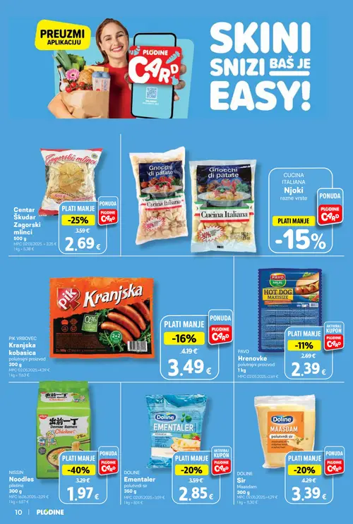 Plodine katalog — stranica 10: NISSIN Noodles pileti, Centar Škudar Zagorski mlinci, DOLINE Sir Maasdam polutvrdi, DOLINE Ementaler polutvrdi sir (vrijedi 14.10.–20.10.2026.)