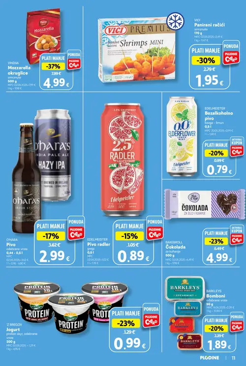 Plodine katalog — stranica 11: Vindija Mozzarella okruglice, Vici Panirani račići, 'Z Bregov Jogurt, Bake&Roll Čokolada (vrijedi 14.10.–20.10.2026.)