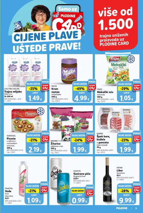 Plodine katalog — stranica 5: MILKA Krem namaz od lješnjaka, FRIZO Meksički mix, PATRIK Liker borovnica, Doline LIVE FREE DOLINE Trajno mlijeko (vrijedi 14.10.–20.10.2026.)