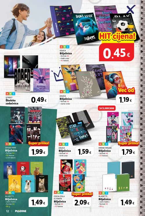 Plodine katalog — stranica 12: HIT cijena!, STREET Bilježnica, EDUCA Bilježnica, SPIDER MAN Bilježnica (vrijedi 13. 08. 2026.–23. 09. 2026.)