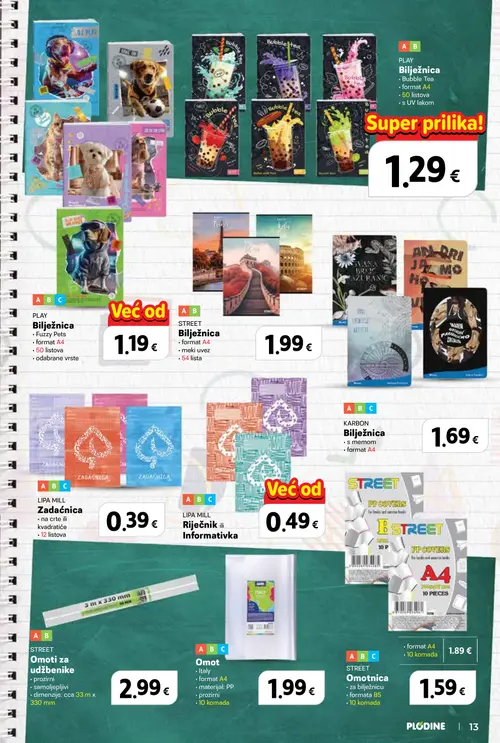 Plodine katalog — stranica 13: PLAY Bilježnica Bubble Tea, PLAY Bilježnica Fuzzy Pets, STREET Bilježnica Italy, KARBON Bilježnica (vrijedi 13. 08. 2026.–23. 09. 2026.)