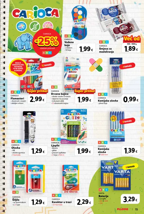Plodine katalog — stranica 15: CARIOCA VODENE BOJE, CARIOCA Smjesa za modeliranje, CARIOCA Flomasteri, CARIOCA DRVENE BOJICE (vrijedi 13. 08. 2026.–23. 09. 2026.)