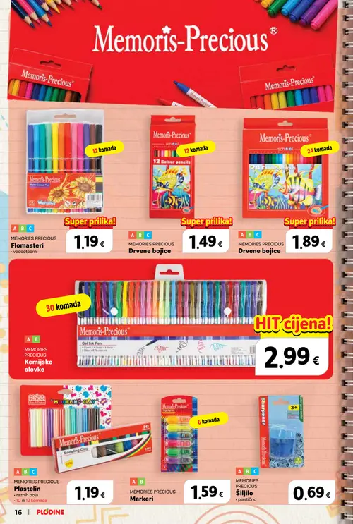 Plodine katalog — stranica 16: MEMORIES PRECIOUS Flomasteri vodootporni, MEMORIES PRECIOUS Drvene bojice, MEMORIES PRECIOUS Drvene bojice, MEMORIES PRECIOUS Gel ink pen (vrijedi 13. 08. 2026.–23. 09. 2026.)