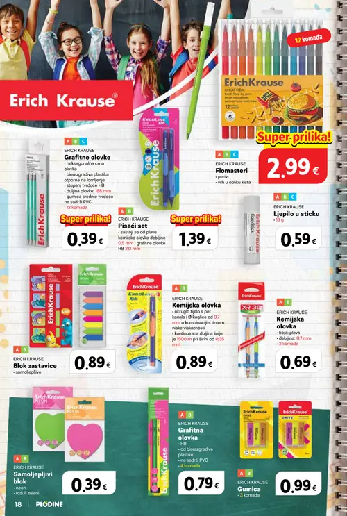 Plodine katalog — stranica 18: Erich Krause Grafite olovke, Erich Krause Pisači set, Erich Krause Flomasteri, Erich Krause Ljepilo u sticku (vrijedi 13. 08. 2026.–23. 09. 2026.)
