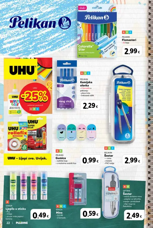 Plodine katalog — stranica 22: PELIKAN Flomasteri, PELIKAN Kemijska olovka, PELIKAN Gumica, PELIKAN Šestar (vrijedi 13. 08. 2026.–23. 09. 2026.)