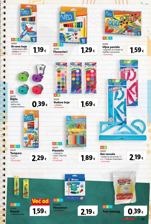 Plodine katalog — stranica 23: SAZIO Drvene boje, SAZIO Flomasteri, SAZIO Ulјne pastele, SAZIO Šiljilo (vrijedi 13. 08. 2026.–23. 09. 2026.)