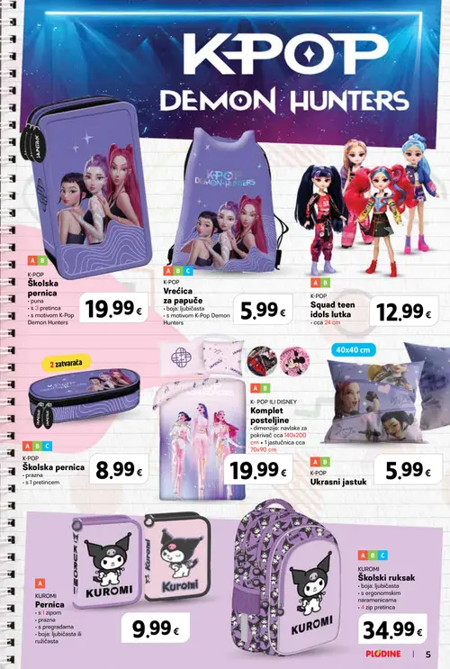 Plodine katalog — stranica 5: K-POP Školska pernica, K-POP Vrećica za papuče, K-POP Squad teen idols lutka, K-POP Školska pernica (vrijedi 13. 08. 2026.–23. 09. 2026.)