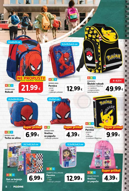 Plodine katalog — stranica 8: ABC SPIDER-MAN Ruksak, ABC SPIDER-MAN Pernica, ABC POKEMON Školski ruksak, ABC SPIDER-MAN Torba za užinu (vrijedi 13. 08. 2026.–23. 09. 2026.)