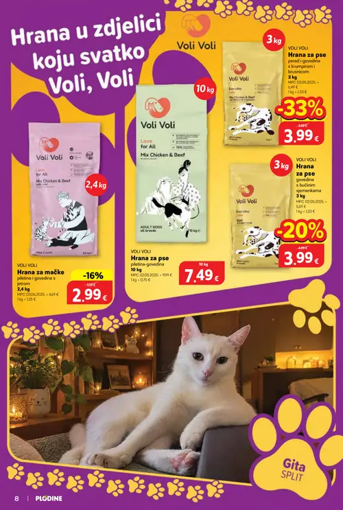 Plodine katalog — stranica 8: Voli Voli Hrana za pse perad i govedina s krumpirom i brusnicom, Voli Voli Hrana za pse piletina-govedina, Voli Voli Hrana za pse govedina s bučinim sjemenkama, Voli Voli Hrana za mačke piletina i govedina s jetrom (vrijedi 01.10.–14.10.2026.)