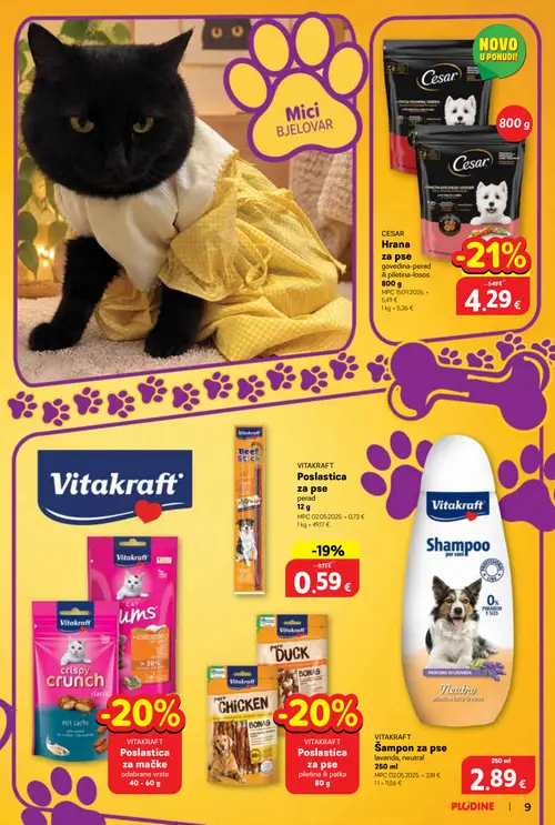 Plodine katalog — stranica 9: Cesar Hrana za pse govedina-perad ili piletina-losos, VITAKRAFT Poslastica za pse, VITAKRAFT Poslastica za mačke odabrane vrste, VITAKRAFT Šampon za pse lavanda, neutral (vrijedi 01.10.–14.10.2026.)