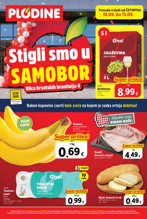 Plodine katalog — stranica 1: Oho! Toaletni papir pure troslojni, Banana, Svježi domaći odojak, Oho! Graševina bijelo vino (vrijedi 10. 09. 2026.–15. 09. 2026.)