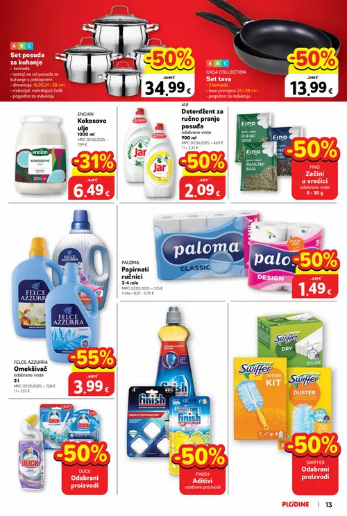 Plodine katalog — stranica 13: FELCE AZZURRA Omekšivač, PALOMA Papirnati ručnici, JAR Deterdžent za ručno pranje posuđa, ABC CASA COLLECTION Set tava (vrijedi 10. 09. 2026.–15. 09. 2026.)