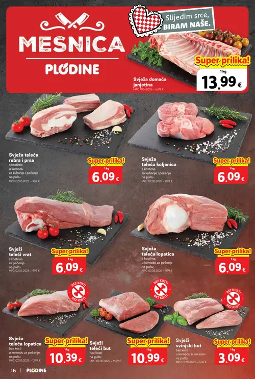 Plodine katalog — stranica 16: Svježi svinjski but, Svježi teleći vrat, Svježa teleća lopatica, Svježa teleća rebra i prsa (vrijedi 10. 09. 2026.–15. 09. 2026.)