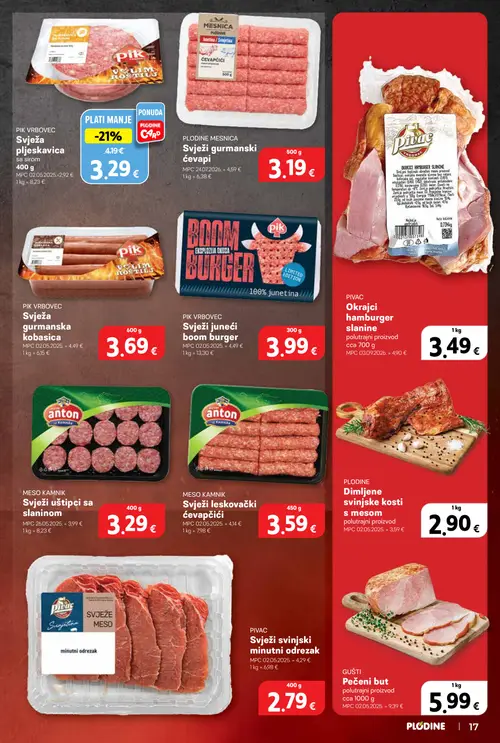 Plodine katalog — stranica 17: GUŠTI Pečeni but, PIVAC Svježi svinjski minutni odrezak, PLODINE MESNICA Svježi gurmanski ćevapi, PIVAC Okrajci hamburger slanine (vrijedi 10. 09. 2026.–15. 09. 2026.)