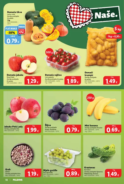 Plodine katalog — stranica 18: Bijelo grožđe bez sjemenki, Šljiva, Domaći krumpir, Grah šareni (vrijedi 10. 09. 2026.–15. 09. 2026.)