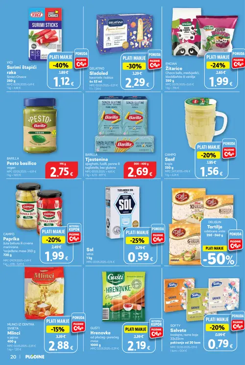 Plodine katalog — stranica 20: Barilla Tjestenina spaghetti, fusilli, penne ili tagliatelle, bez glutena, Vici Smart Choice Surimi štapići raka, Gelatino Sladoled karamela i kokice, Sol sitna (vrijedi 10. 09. 2026.–15. 09. 2026.)