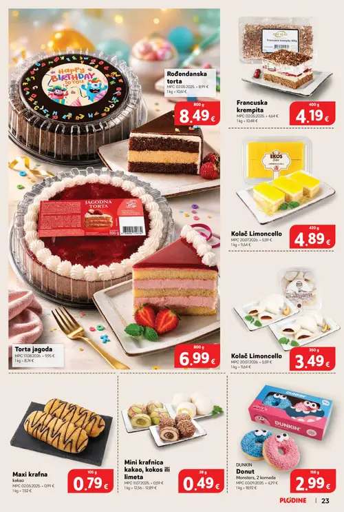 Plodine katalog — stranica 23: Dunkin Donut Monsters, Mini krafnica kakao, kokos ili limeta, Maxi krafna kakao, Kolač Limoncello (vrijedi 10. 09. 2026.–15. 09. 2026.)