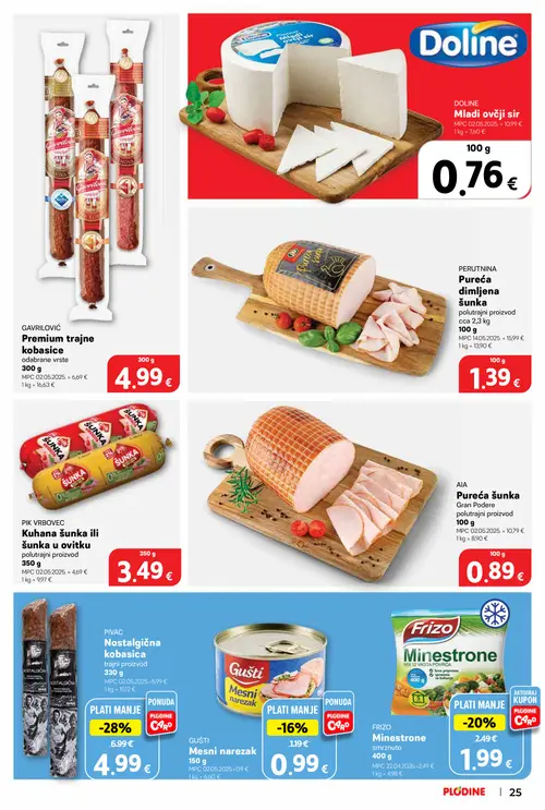 Plodine katalog — stranica 25: PIVAC Nostalgicna kobasica, FRIZO Minestrone, GUŠTI Mesni narezak (vrijedi 10. 09. 2026.–15. 09. 2026.)