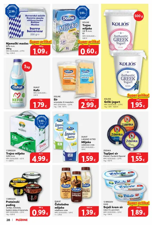 Plodine katalog — stranica 28: Njemački maslac, Doline Sir ementaler ili maasdam, KOLIOS Grčki jogurt, ZDENKA Topljeni sir (vrijedi 10. 09. 2026.–15. 09. 2026.)