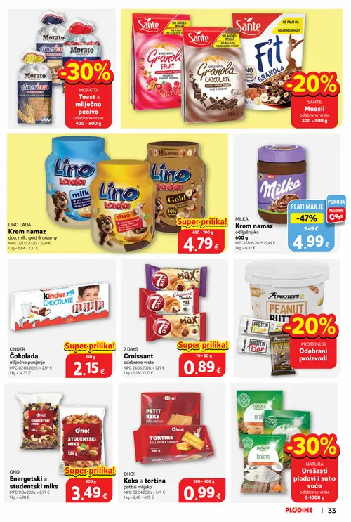 Plodine katalog — stranica 33: MILKA Krem namaz od lješnjaka, OHO! Energetski ili studentski miks, OHO! Keks ili tortina petit ili mlijeko, 7 DAYS Croissant odabrane vrste (vrijedi 10. 09. 2026.–15. 09. 2026.)