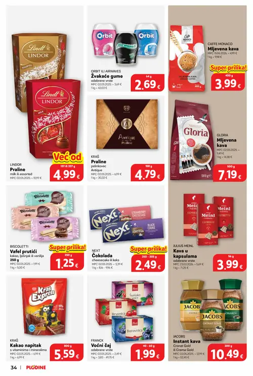 Plodine katalog — stranica 34: Lindor Praline, BISCOLETTI Vafel prutići, KRAŠ Praline, JULIUS MEINL Kava u kapsulama (vrijedi 10. 09. 2026.–15. 09. 2026.)