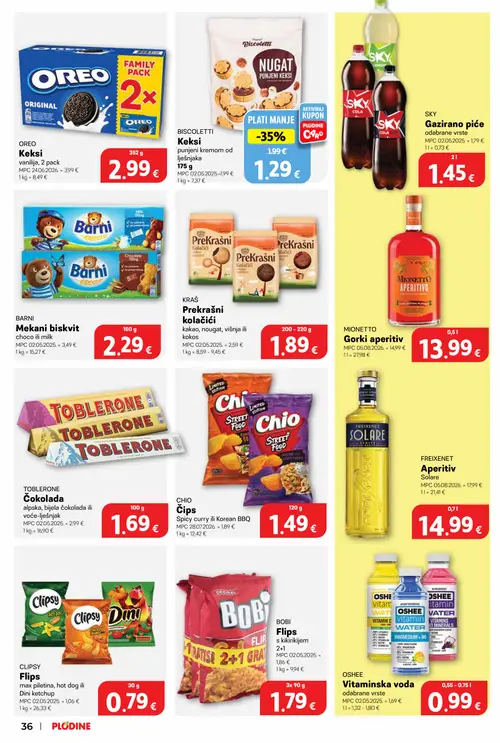 Plodine katalog — stranica 36: TOBLERONE Čokolada alpska, bijela čokolada ili voće-lješnjak, OSHEE Vitaminska voda odabrane vrste, BISCOLLETTI Keksi punjeni kremom od lješnjaka, KRAŠ Prekrasni kolačići kakao, nougat, višnja ili kokos (vrijedi 10. 09. 2026.–15. 09. 2026.)