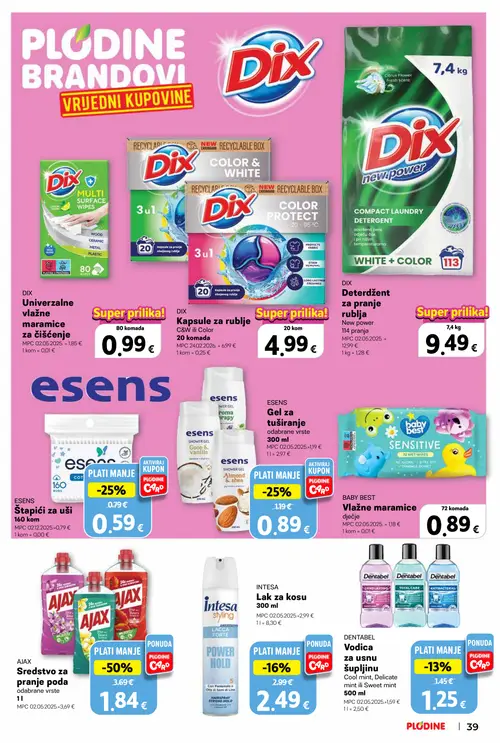 Plodine katalog — stranica 39: AJAX Sredstvo za pranje poda, DIX Kapsule za rublje C&W ili Color, DIX Deterdžent za pranje rublja, ESENS Štapići za uši (vrijedi 10. 09. 2026.–15. 09. 2026.)
