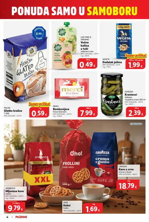 Plodine katalog — stranica 4: LAVAZZA Kava u zrnu Crema e Gusto, OHO! Keksi frollini, ARABESCA Mljevena kava classic, ZVIJEZDA Krastavci delikates (vrijedi 10. 09. 2026.–15. 09. 2026.)