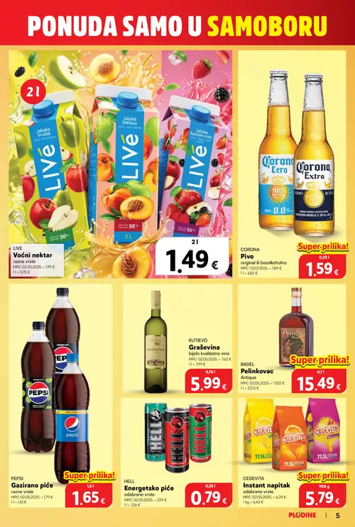Plodine katalog — stranica 5: HELL Energetsko piće odabrane vrste, KUTJEVO Graševina bijelo kvalitetno vino, CORONA Pivo original ili bezalkoholno, CEDEVITA Instant napitak odabrane vrste (vrijedi 10. 09. 2026.–15. 09. 2026.)