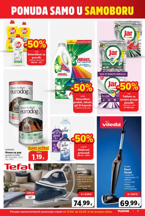 Plodine katalog — stranica 7: EURO DOG Hrana za pse govedina ili divlji doručak, VILEDA Parni čistač, TEFAL Parna postaja SV4110, LENOR Odabrani proizvodi (vrijedi 10. 09. 2026.–15. 09. 2026.)