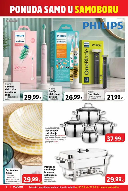 Plodine katalog — stranica 8: Posuda za serviranje hrane sa poklopcem, Set tanjura Arkos, CASA COLLECTION Set posuda za kuhanje, Philips One blade aparat za brijanje (vrijedi 10. 09. 2026.–15. 09. 2026.)