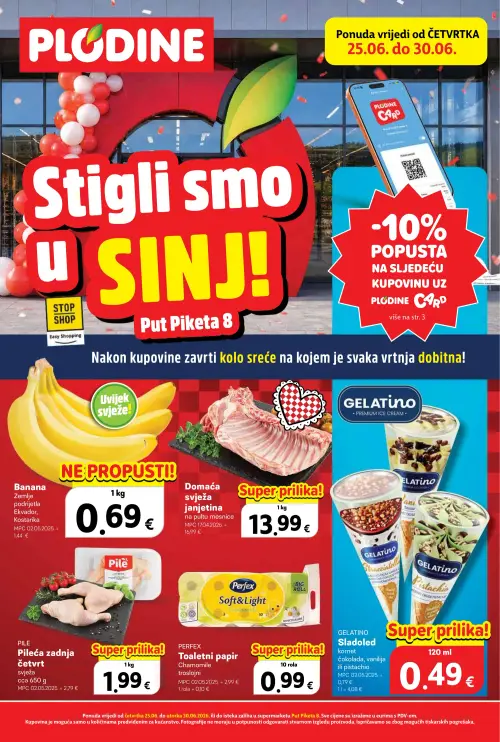 Plodine katalog — stranica 1: GELATINO Sladoled, PERFEX Toaletni papir Chamomile, Banana, Pile Pileća zadnja četvrt (vrijedi 25. 06. 2026.–30. 06. 2026.)