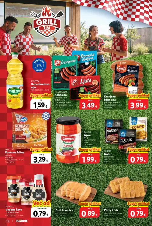 Plodine katalog — stranica 12: MONACO Ledena kava odabrane vrste, VEGETA Natur razne vrste, Grill štangice, CAMPO Ajvar blagi (vrijedi 25. 06. 2026.–30. 06. 2026.)
