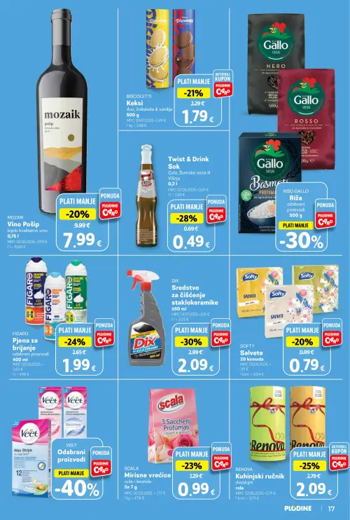 Plodine katalog — stranica 17: DIX Sredstvo za čišćenje staklo/keramike, Twist & Drink Sok, RENOVA Kuhinjski ručnik dvoslojni, FIGARO Pjena za brijanje odabrani proizvodi (vrijedi 25. 06. 2026.–30. 06. 2026.)