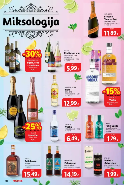 Plodine katalog — stranica 18: ERDUT Kvalitetno vino, MIONETTO Mionetto Prosecco Treviso Brut, HAVANA CLUB Rum Club 3YO, TROJKA Vodka (vrijedi 25. 06. 2026.–30. 06. 2026.)